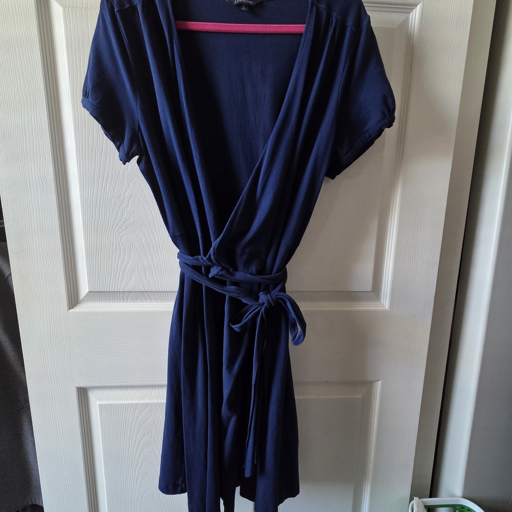 Lands' End Deep Navy Wrap Midi Dress with Tie Waist